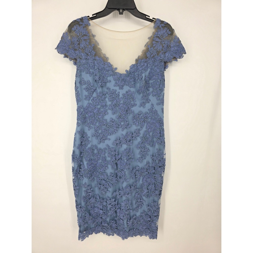 Tadashi Shoji Blue Floral Lace Illusion Sheath Dress BCS18077MA Women's Size 12